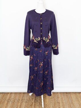 Vintage Susan Bristol Sweater + Skirt Set 12/M Purple Wool/Rayon Blend 90s